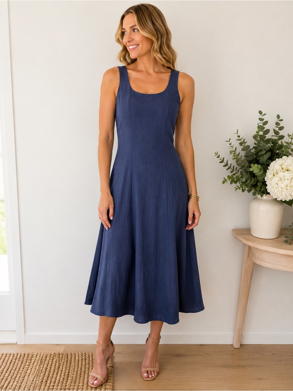 Quiz Sleeveless Navy Midi Dress with Scoop Neckline